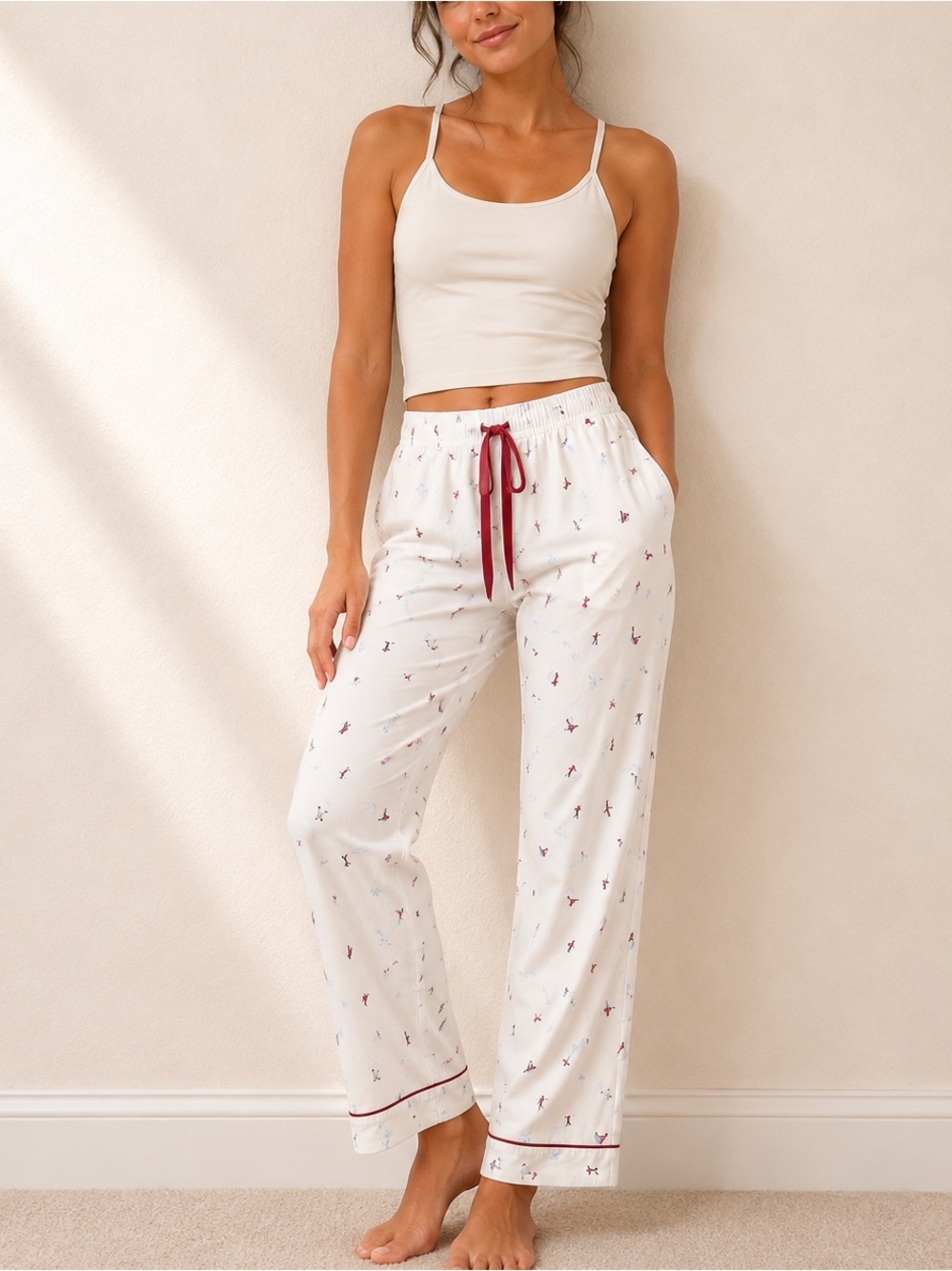 Victoria’s Secret Pajama Pants XL White Skiers Print Cotton Lounge Sleep Pants
